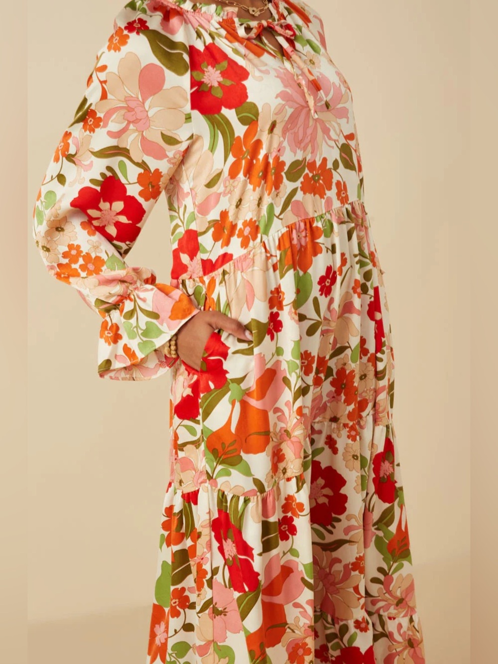 Hayden LA Satin Floral Tie Neck Tiered Maxi Dress - Picture 11 of 14